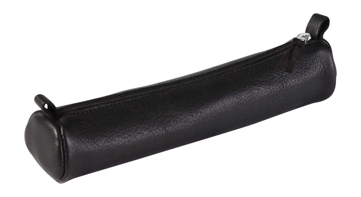 Clairefontaine - Ref 8327C - Cuir Aged Leather Small Round Pencil Case - 18cm x 3.5cm, Made From Genuine Lambskin Leather, Metal Zip With Leather Puller - Black
