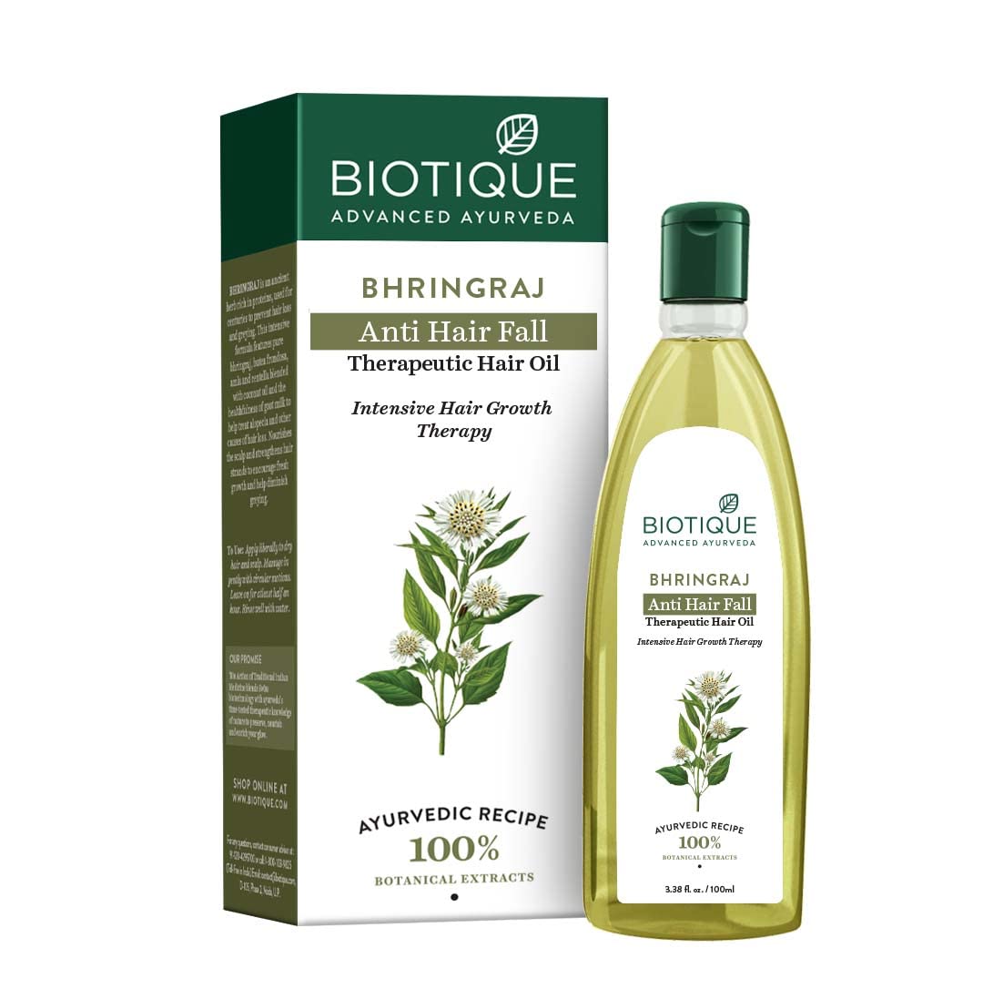 Biotique Bio Bhringraj Therapeutic Hair Oil for Falling Hair | Intensive Hair Regrowth Treatment | Nourishing Hair Follicles| Strong and Shiny Hair| For All Skin Types| 100m