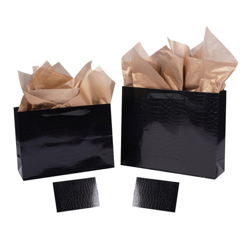 Lyforpyton 2 Pack Black Gift Bags with Tissue Paper Alligator Pattern Gift Paper Bag for Birthday Party, Wedding, Baby Shower (Medium and Large)