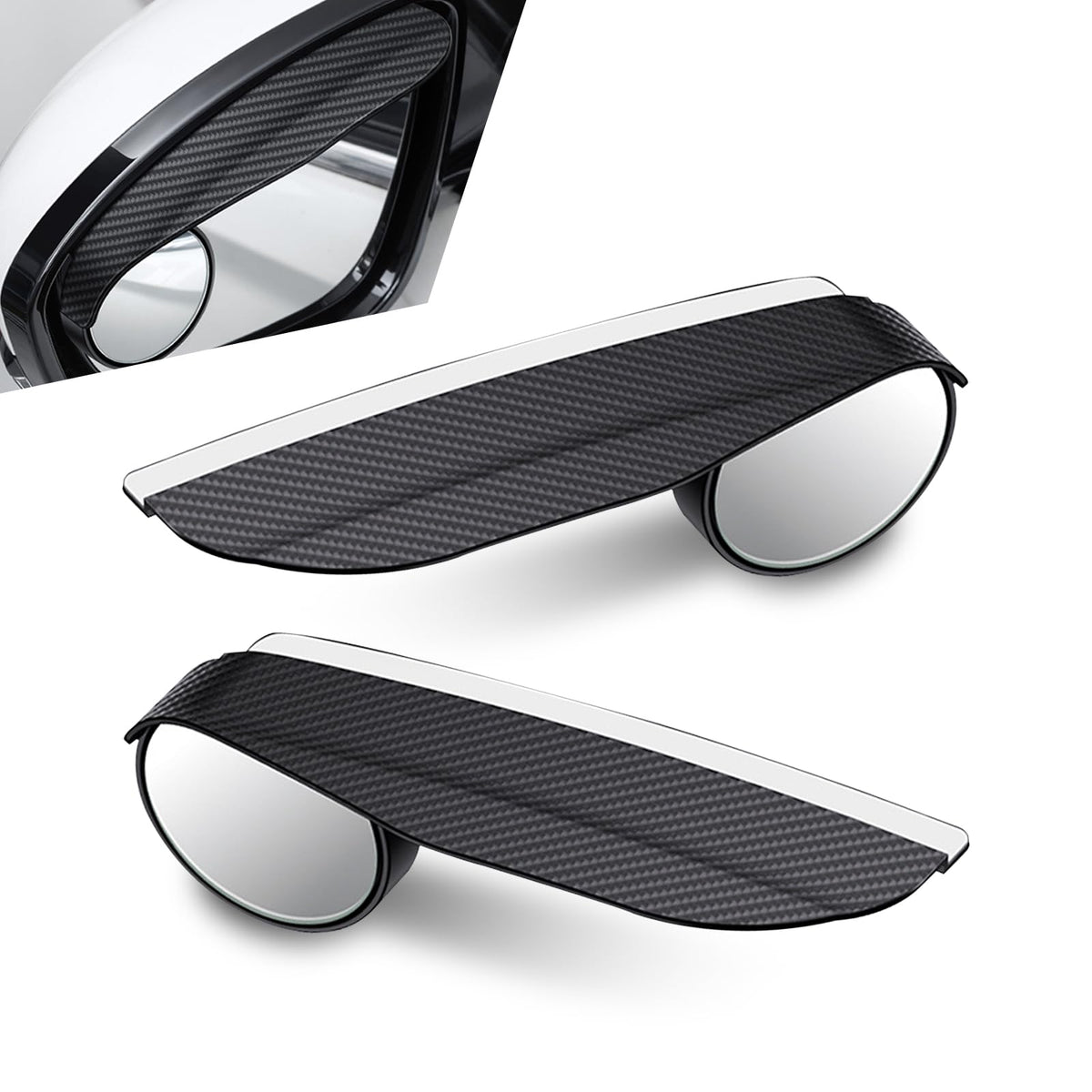 Irinidig 2 PCS Car Rearview Blind Spot Mirror Rain Eyebrow Integrated, 2-in-1 Carbon Fiber Rain Eyebrow Reflective Protection Shield, Adjustable Expanded View Reversing Mirror, for Cars (Black)