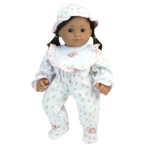 Sophia's 5 Piece Floral Print Sleeper, Bib, Hat, Diaper and Bottle Set for 15'' Dolls, White/Pink