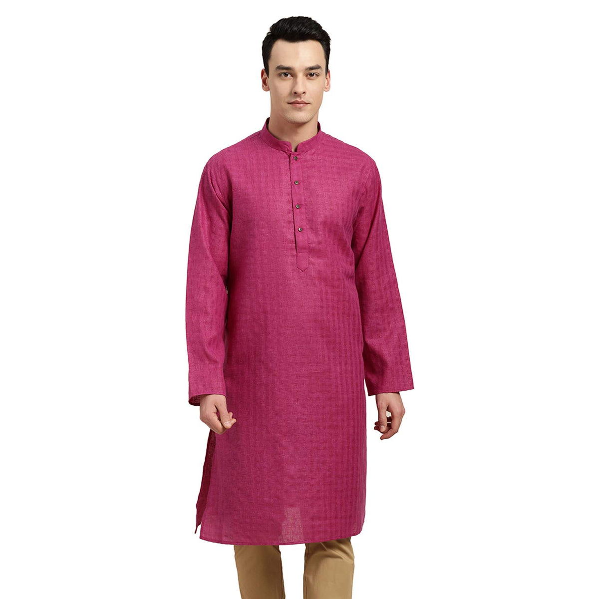 Sojanya (Since 1958, Men's Cotton Linen Magenta Checked Only Long Kurta, Size: 40
