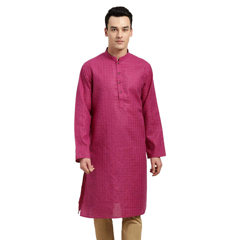 Sojanya (Since 1958, Men's Cotton Linen Magenta Checked Only Long Kurta, Size: 40