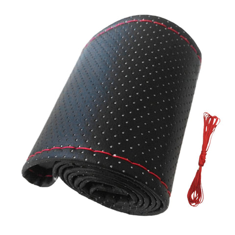 Leather Steering Wheel Cover, 15 inch Car Steering Wheel Stitch On Wrap with DIY Sewing Needles Thread, M Size (Black Red), HEADERBS56S7PERQZW-12