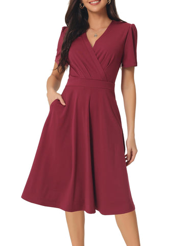 Seta T Women's Summer Wrap V Neck Puff Short Sleeve Midi Swing Dress with Pockets Wine Red S