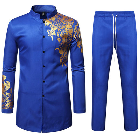 LucMatton Men's 2 Piece Outfits Long Sleeve Button Down African Dashiki Shirts and Pants Set Traditional Ethnic Suits Royal Blue XX-Large