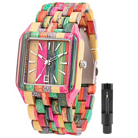 Tiong Mens Colorful Wooden Watch, Analog Quartz Simple Square Design Wooden Watch for Men (Q1055)