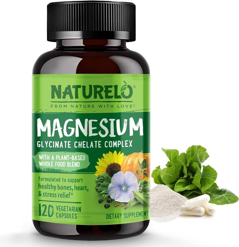 NATURELO Magnesium Glycinate Chelate Complex - 200 mg Magnesium with Whole Food Extracts to Support Energy, Nerves & Healthy Bones - 120 Vegan Capsules | 4 Month Supply