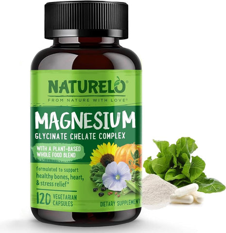 NATURELO Magnesium Glycinate Chelate Complex - 200 mg Magnesium with Whole Food Extracts to Support Energy, Nerves & Healthy Bones - 120 Vegan Capsules | 4 Month Supply