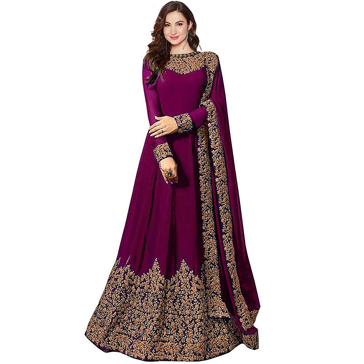 PristiveFashionHub Women's Codding Long Anarkali Dress Material Gown With Duppta(Free Size), Purple, One Size