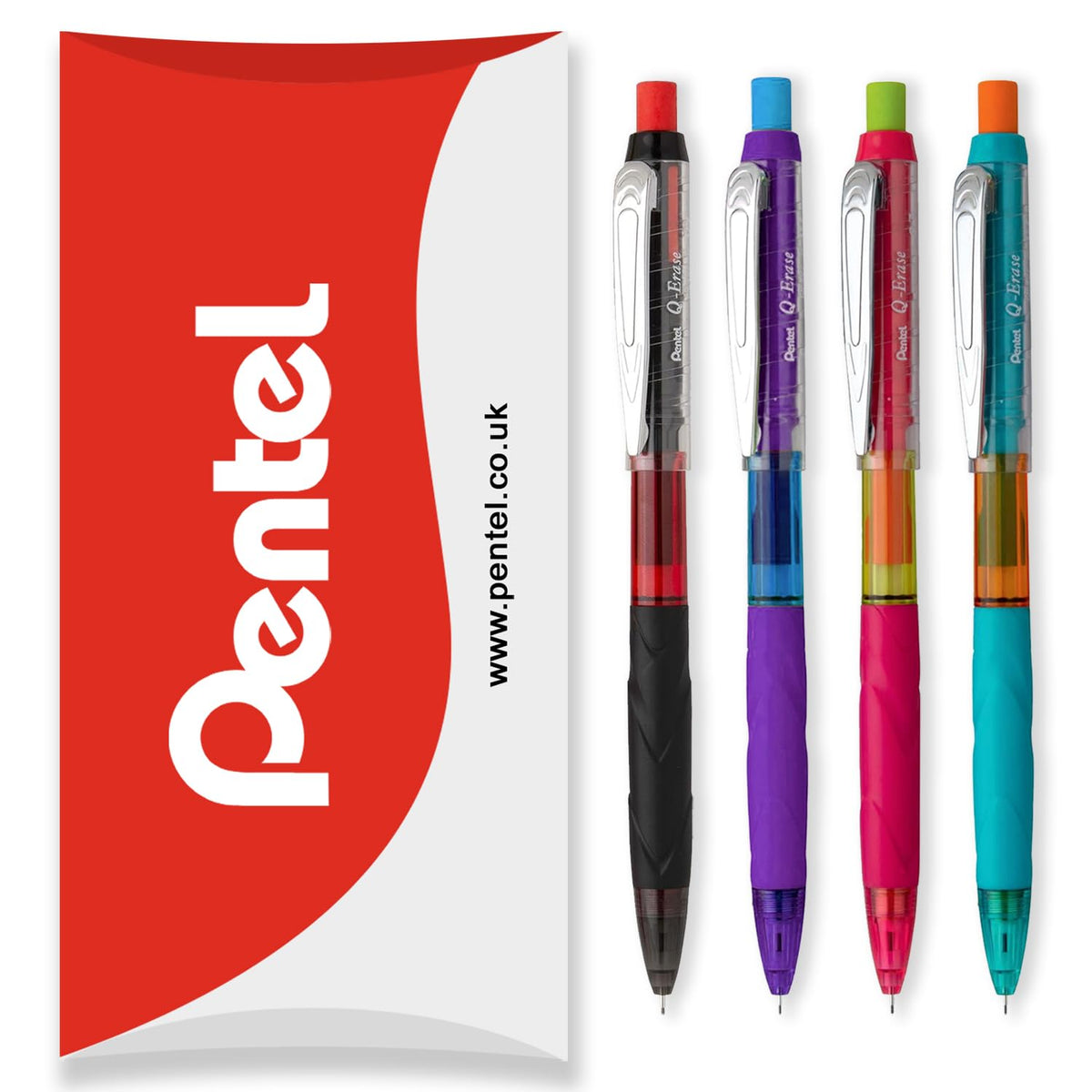 Pentel Q-Erase Mechanical Pencil with Retractable Eraser - 0.5mm HB Grade - Black, Violet, Pink & Blue Barrels - Pack of 4 - In Pillow Packaging