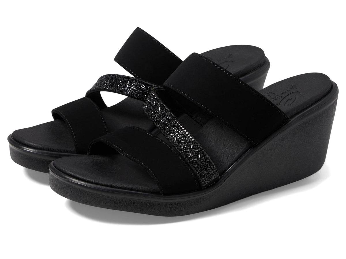 Skechers Women's RUMBLE ON-SOCIAL GLAM Wedge Sandal, Black/Black, 9