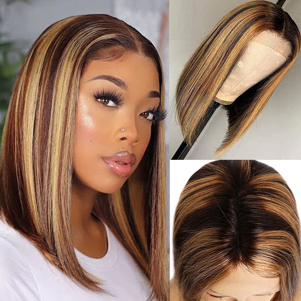 QTHAIR Blonde Highlight Bob Wigs Human Hair Brazilian Ombre Lace Closure Wig 4x1 T Part Lace Front 10Inch Ombre Human Hair Wig P4/27 Middle Part Straight Human Hair Bob Wig Short Bob Human Hair Wig