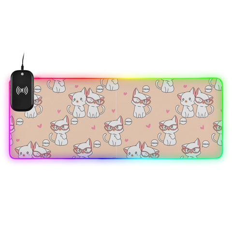Cute Cat Wireless Charging Mouse Pad for Mobile Phone Extra Large Gaming Mousepad with 13 Lighting Modes Computer Mat for MacBook PC Laptop Desk Office Home Gaming