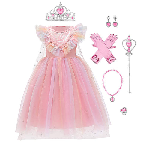 FYMNSI Girls Ice Queen Elsa Princess Costume with Accessories Kids Halloween Birthday Party Cosplay Christmas Carnival Fairy Fancy Dress Up Pageant Tutu Tulle Maxi Ball Prom Gown Pink 4-5Y