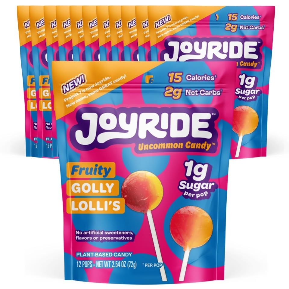 JOYRIDE by Project 7 Low Sugar Candy, Organic Lollipops - 1 Gram of Sugar Per Lolli, Vegan, Non-GMO Hard Candy - Variety Flavor, 12 Pack of 12 Lollies