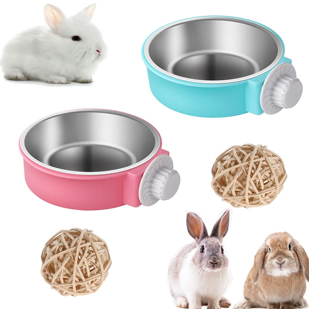 2 Pieces Rabbit Bowls Set, Removable Crate Big Pet Bunny Feeder Bowls Stainless Steel Hanging Bunny Food Dish for Big Rabbits Small Dog Cat Animals