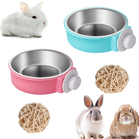 2 Pieces Rabbit Bowls Set, Removable Crate Big Pet Bunny Feeder Bowls Stainless Steel Hanging Bunny Food Dish for Big Rabbits Small Dog Cat Animals