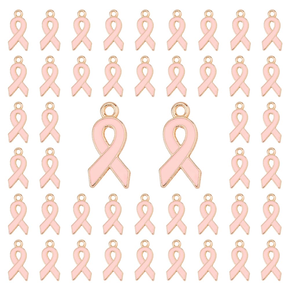 DICOSMETIC 60Pcs Pink Ribbon Pendant Breast Cancer Awareness Charms Enamel Ribbon Pendant with Alloy Loop for Necklace Bracelet DIY Ribbon Jewelry Making, Hole: 2mm