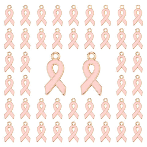 DICOSMETIC 60Pcs Pink Ribbon Pendant Breast Cancer Awareness Charms Enamel Ribbon Pendant with Alloy Loop for Necklace Bracelet DIY Ribbon Jewelry Making, Hole: 2mm