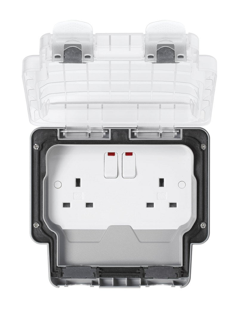 MK Masterseal Plus K56488GRY 2-Gang 13 amp Switch Socket with Neon and Clear Lid