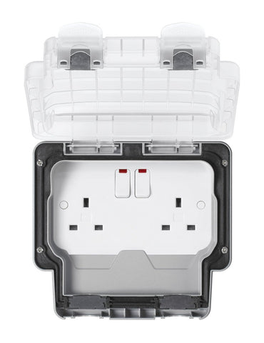 MK Masterseal Plus K56488GRY 2-Gang 13 amp Switch Socket with Neon and Clear Lid