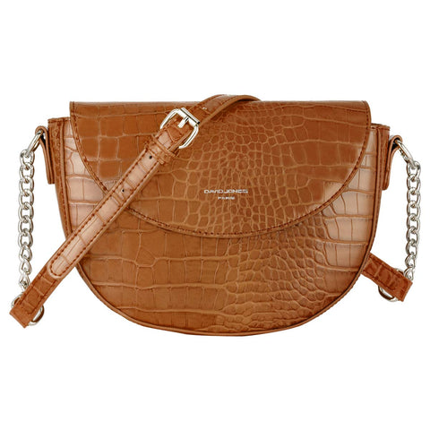 David Jones - Womens Small Crocodile Crossbody Bag - Ladies Chain Shoulder Bag PU Leather - Half Moon Round Messenger Clutch Saddle Bag - Fashion Elegant Trendy City Evening Shopping - Camel Brown
