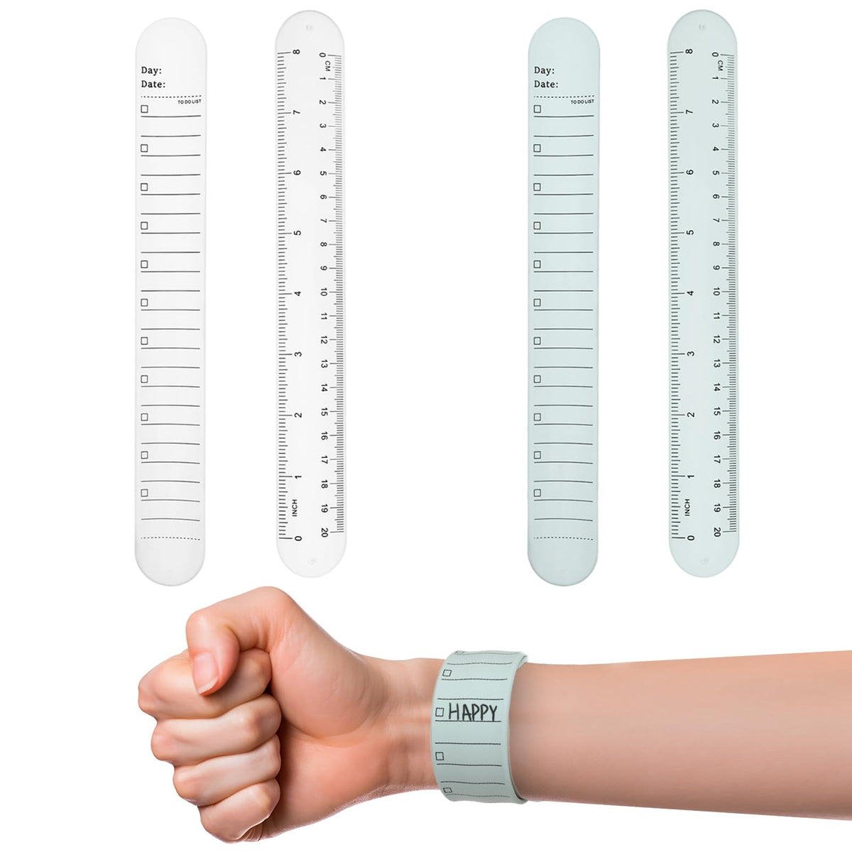 ZEYIYER 4PCS Wearable to Do List Bracelet, Erasable Wristband, Silicone Memo Wristbands, Reminder Slap Bracelets Waterproof Wrist Notepad with Ruler for Student Teacher Nurse (White& Cyan)