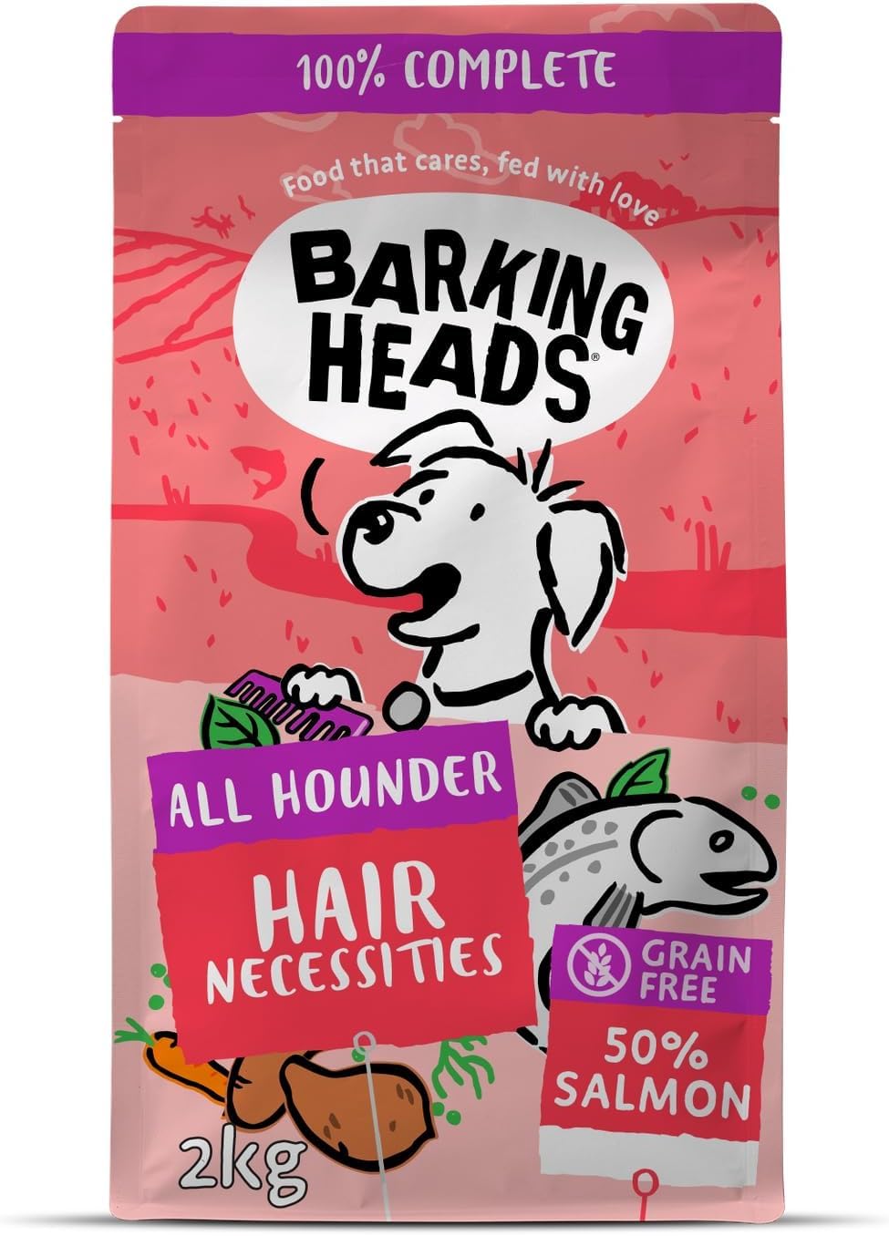 Barking Heads Complete Dry Dog Food 2kg - Adult All Hounder Hair Necessities Salmon - Natural Grain Free Hypoallergenic for Skin & Coat - Vet Approved