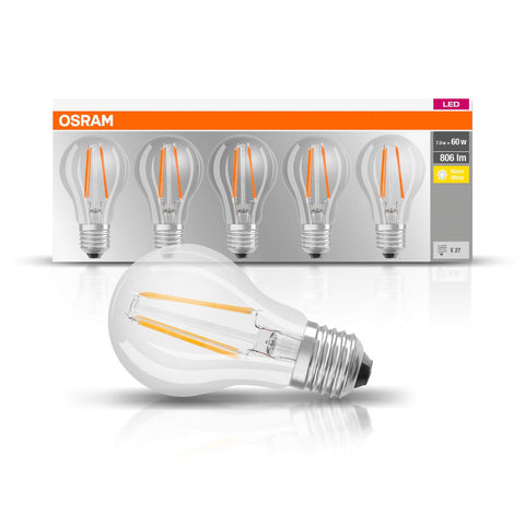 Osram LED Base Classic A Lamp, Socket: E27, Warm White, 2700 Kelvin, 7 W, Replacement For 60 W Incandescent Lamp, Clear, Pack Of 5
