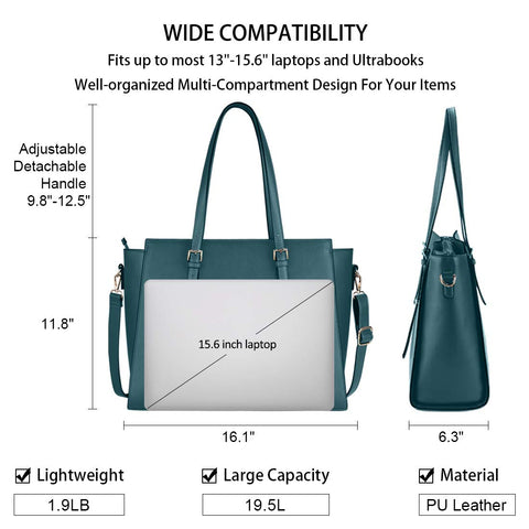 NEWHEY Laptop Bags for women Large Leather Handbags Ladies Laptop Tote Bag Business Work Shoulder Bag lightweight 15.6 Inch Green