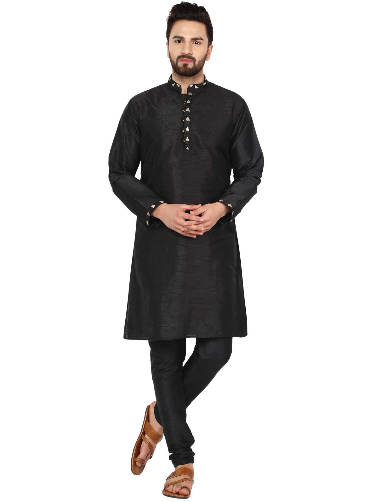SKAVIJ Men's Art Silk Ethnic Motifs Kurta Pajama Thread Work Round Neck Festive Party Dress (KP025black_Black_M)