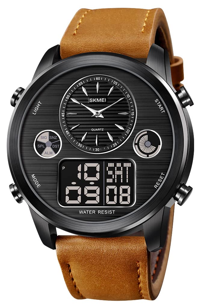 SKMEI World Time Digital Watches Sport Watch Fashion Mens Waterproof Leather Chronograph LED Wristwatch, Black Light-Brown,