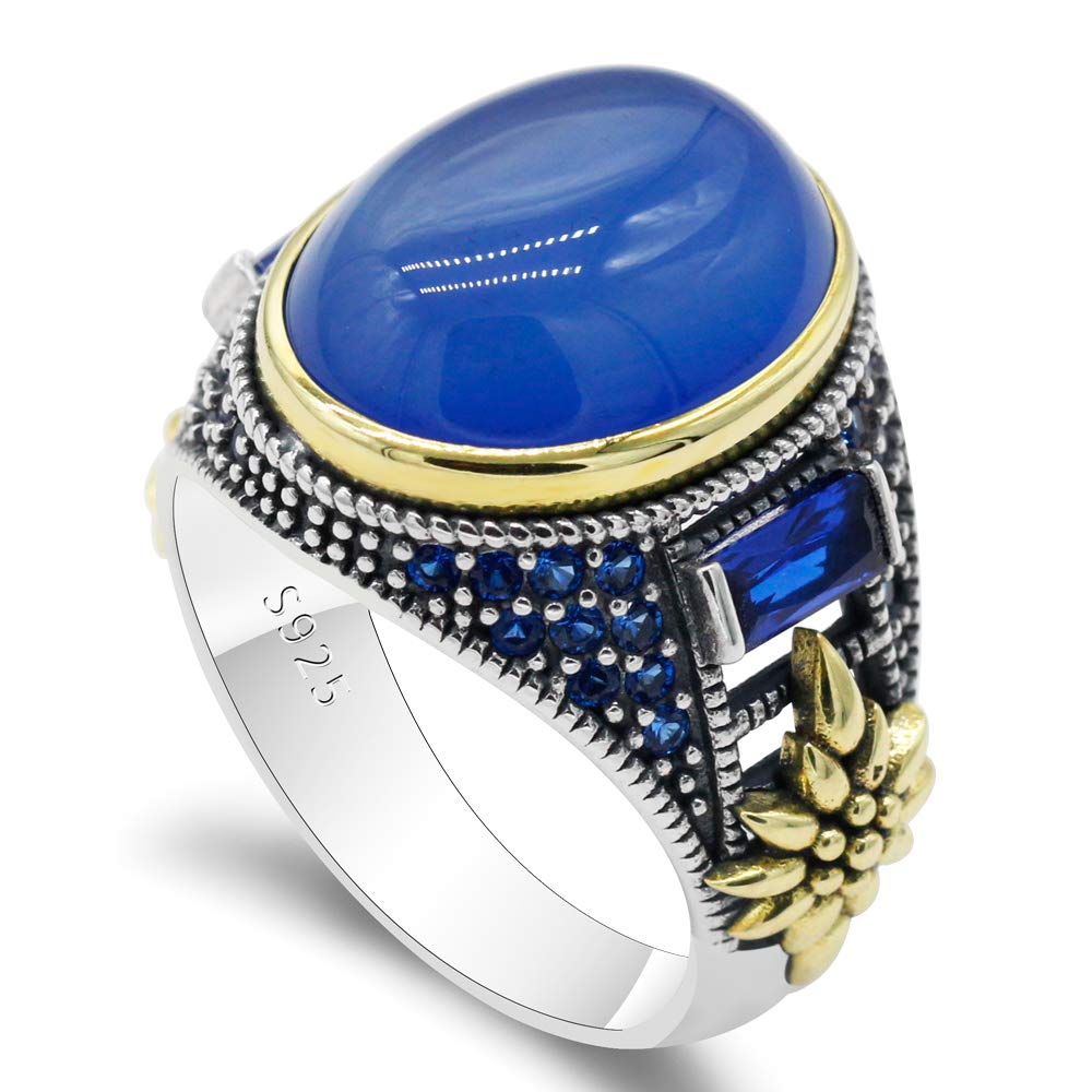 Qida Solid 925 Sterling Silver Ring for Men Onyx Stone Ring Turkish Handmade Agate Silver Luxury Vintage Men's Ring (Blue agate, 10)