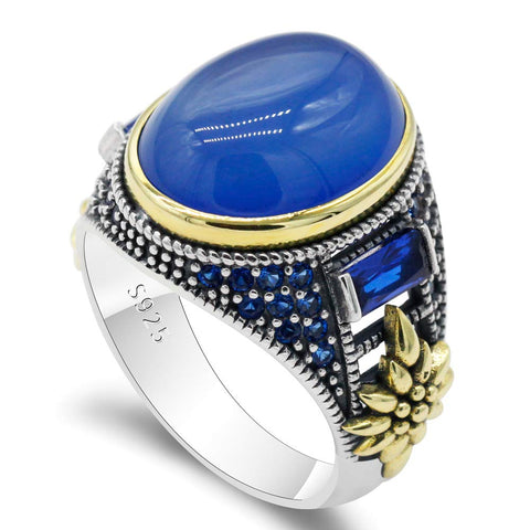 Qida Solid 925 Sterling Silver Ring for Men Onyx Stone Ring Turkish Handmade Agate Silver Luxury Vintage Men's Ring (Blue agate, 10)