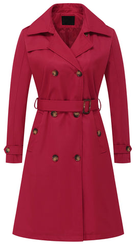 Chrisuno Long Trench Coat Women for with Hood Double-Breasted Water Repellent Classic Overcoat Slim Outerwear Belt Red L