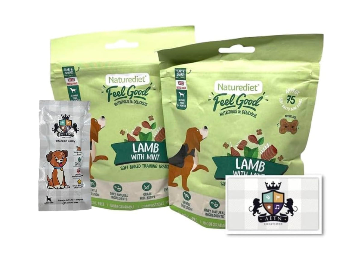 AETN Creations Naturediet Soft Baked Treat Bundle for Dogs 2x100g Feel Good Lamb and Mint plus AETN Jerky Treat, Grain-Free Snacks