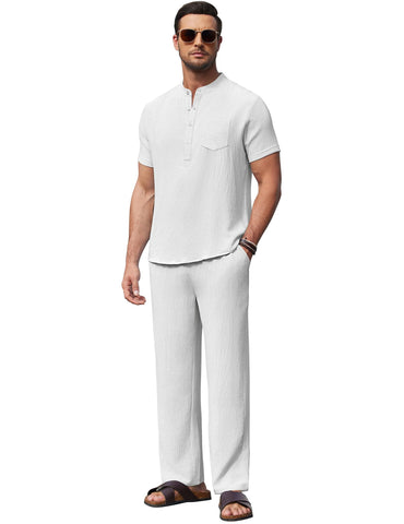 COOFANDY Mens 2 Piece Linen Set Oversized Pullover Henley Shirt and Yoga Pant Set Summer Two Piece Outfit for Louging Casual Walking Suit Set 2024 Trendy Beach Clothes White