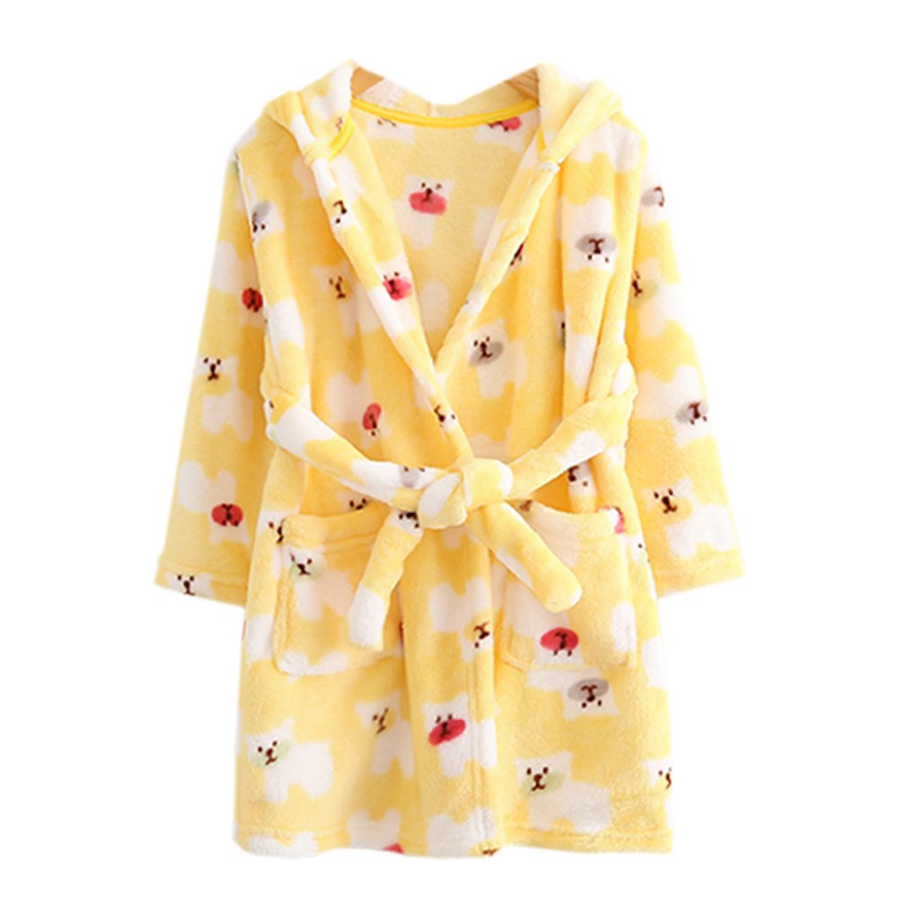 ECHERY Boys Girls Bathrobes Toddler Robes Children's Plush Soft Coral Fleece Hooded Pajamas Sleepwear for Kids Yellow Bear