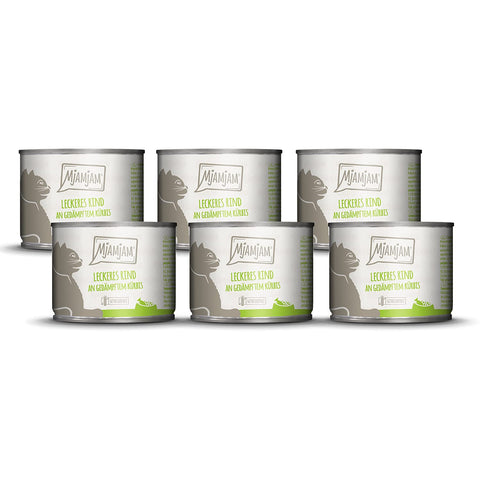 MjAMjAM - premium wet food for cats - delicious beef with steamed pumpkin, pack of 6 (6 x 200 g), grain-free with extra meat