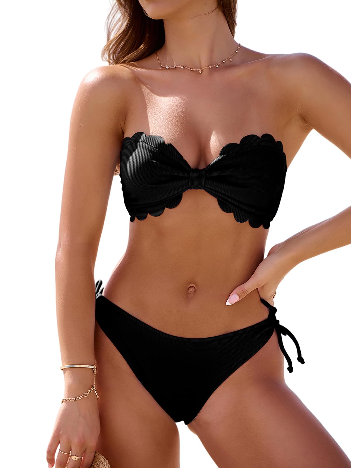 Rajputana Womens Wavy Edge Bandeau Bikini Strapless Tie Back Side String Bathing Suits Two Piece Swimsuit Black