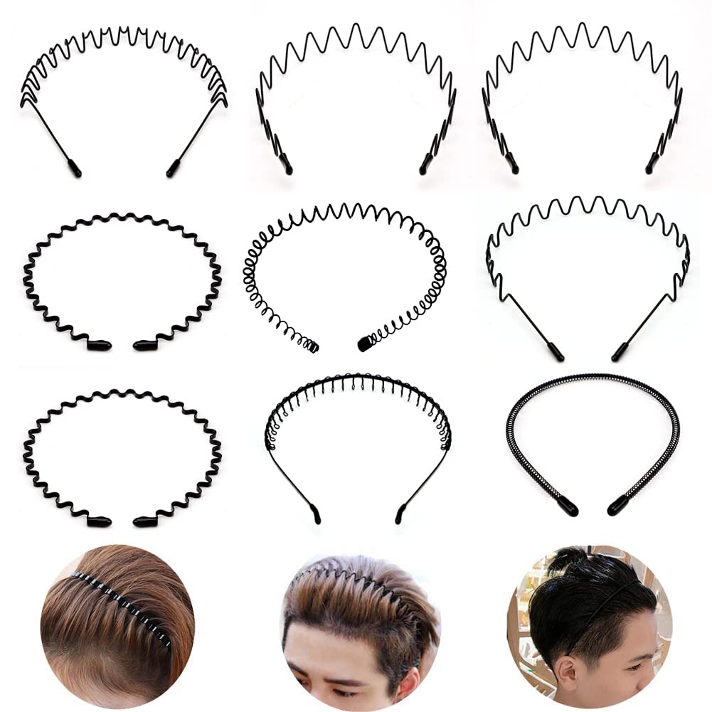 9pcs Metal Headband Spring Wavy Hair Band Unisex Hairband for Men Women Sport Hair Hoop Non-slip Headwear Hair Accessories (Black)