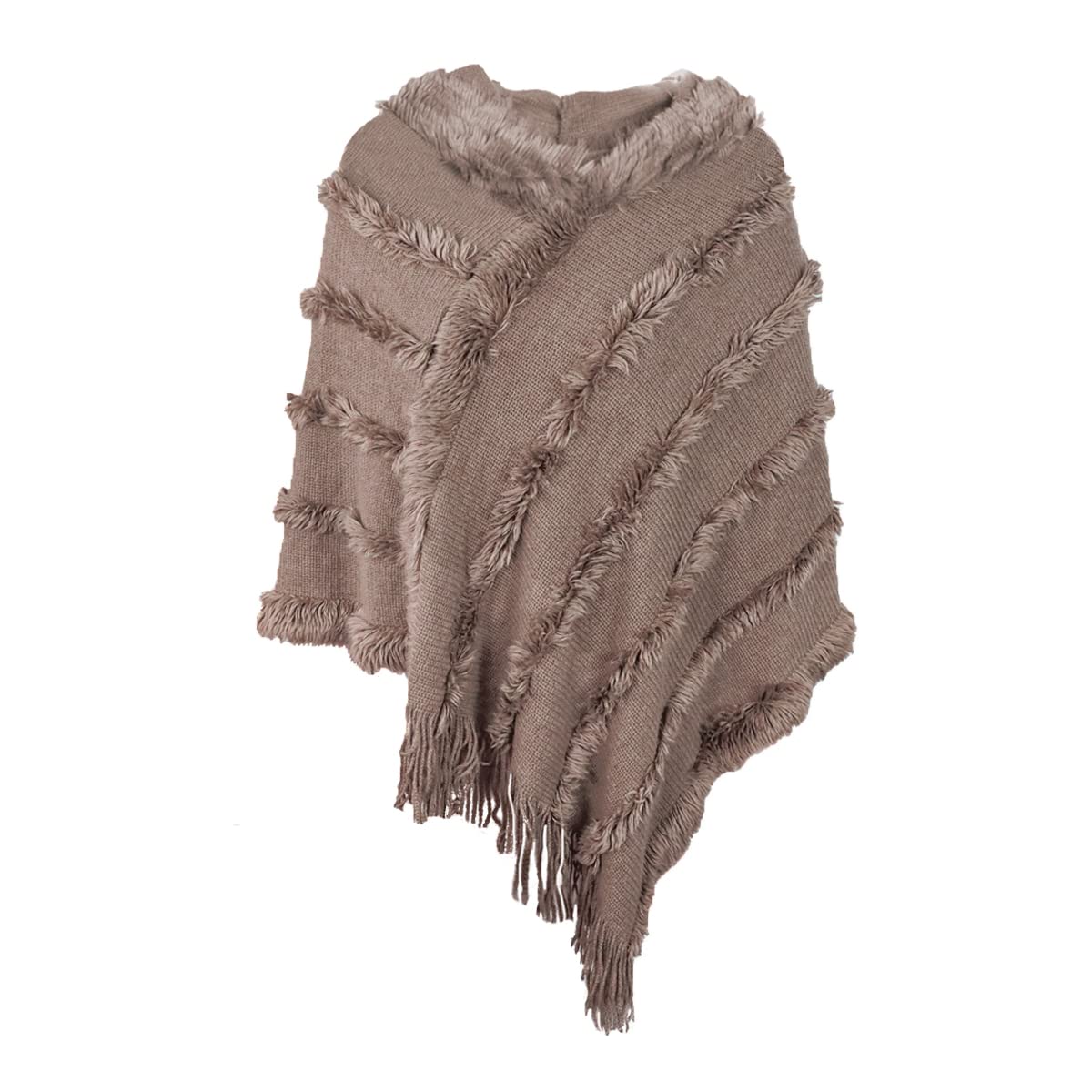 Rayson Womens Crochet Poncho with Fringe Soft Knitted Fluff Capes Solid Knitting Shawl Wrap Poncho Fringe Sweater Coats,Khaki