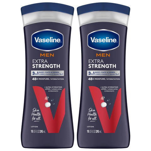 Vaseline Lotion for Dry Skin - Men Extra Strength Lotion, Fast-Absorbing Body Lotion Jelly and Ultra-Hydrating Lipids, 3-in-1 Body, Face, & Hands, 10 Oz Ea (Pack of 2)
