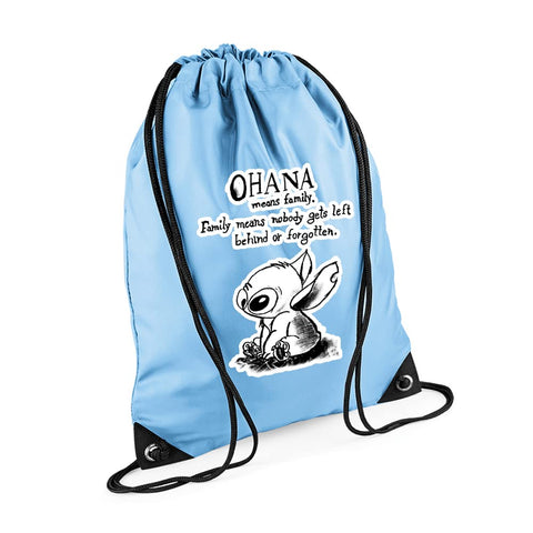 Giftme Ohana Means Family Stitch Cartoon character, Birthday, Christmas, Secret Santa Back To School Drawstring Bag, PE Gym Kit, Swimming Rucksack (Sky Blue), 45 x 33 cm