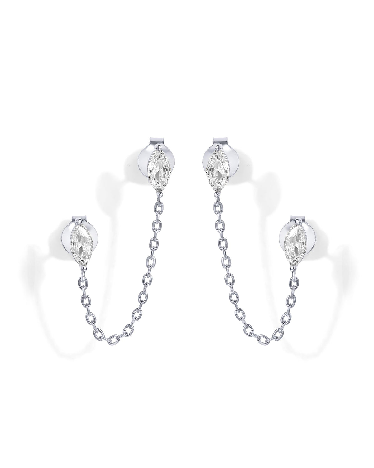 PAVOI Rhodium Plated Delicate Navette CZ Chain Earrings for Women | Double Piercing Dangle Chain Studs Earrings | Cubic Zirconia Earscapes Earrings