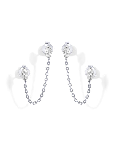 PAVOI Rhodium Plated Delicate Navette CZ Chain Earrings for Women | Double Piercing Dangle Chain Studs Earrings | Cubic Zirconia Earscapes Earrings