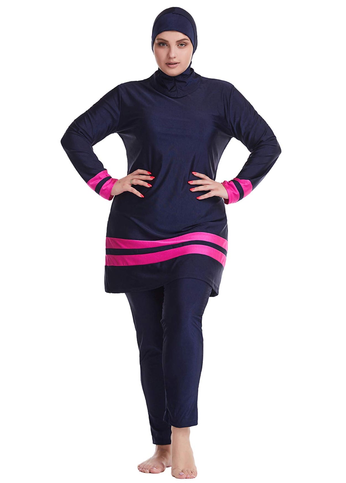 GladThink Women Muslim Plus Size Islamic Traditional Burkini Modest Swimwear Navy 2XL