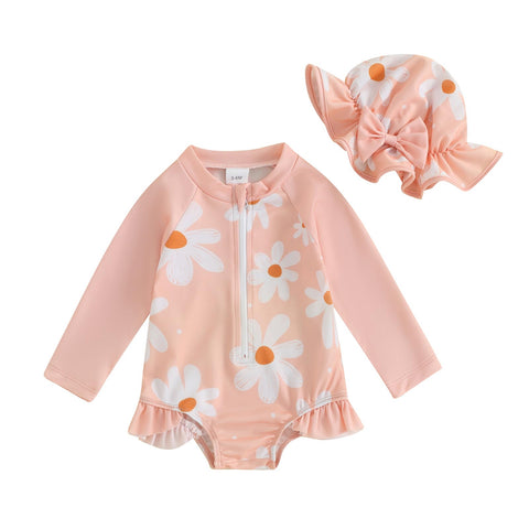 Vioyavo Infant Baby Girls Swimsuit Strawberry/Flower/Mermaid Print Long Sleeve Round Neck Swimwear Front Zipper Bathing Suit