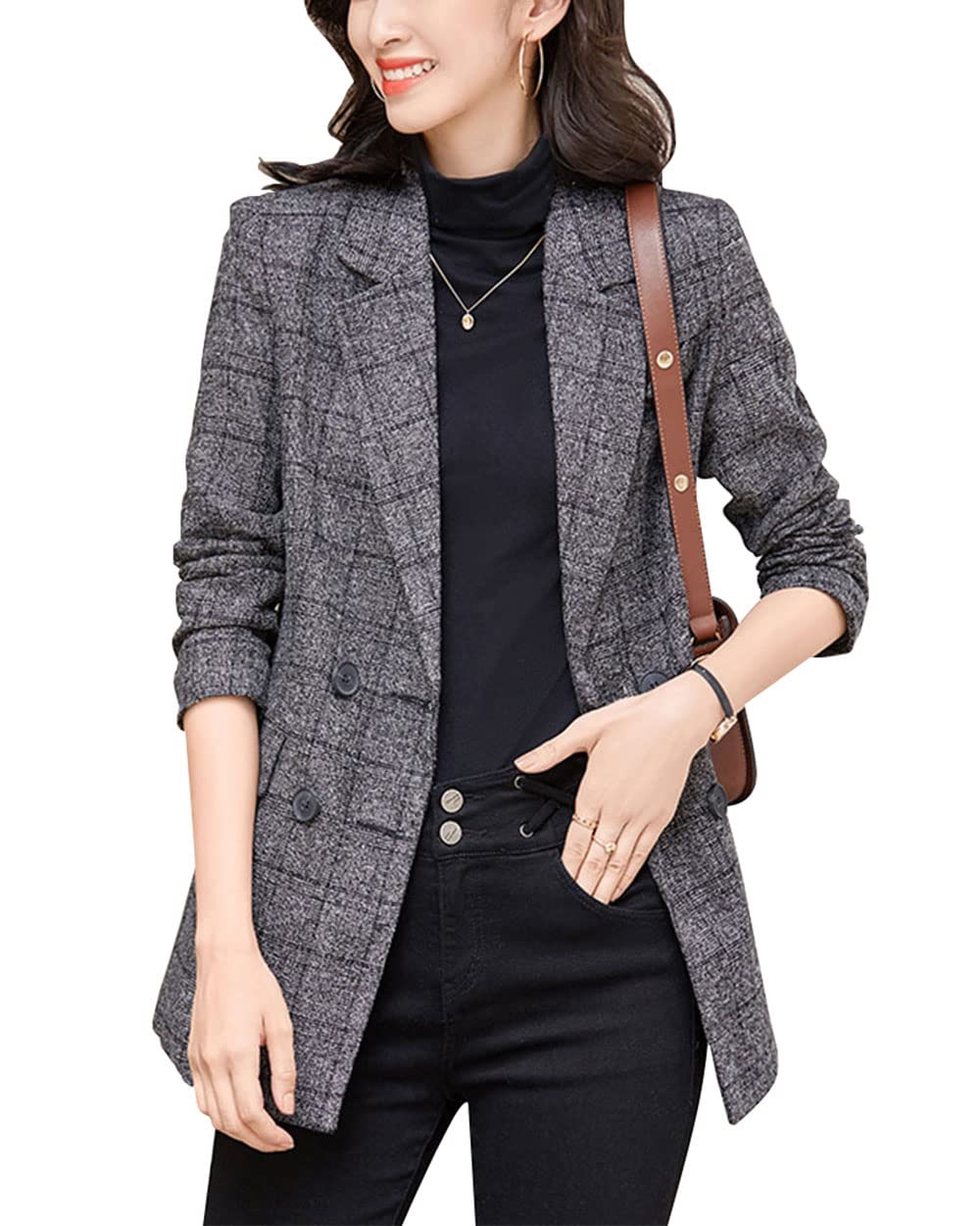 ebossy Women's Notch Lapel 2 Button Boyfriend Blazer Suit Houndstooth Plaid Jacket Coat (2X-Large, Y-Dark Grey)